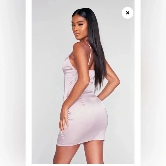 Pretty Little Thing MAUVE SATIN CORSET DETAIL LACE TRIM STRAPPY BODYCON DRESS - Picture 10 of 15